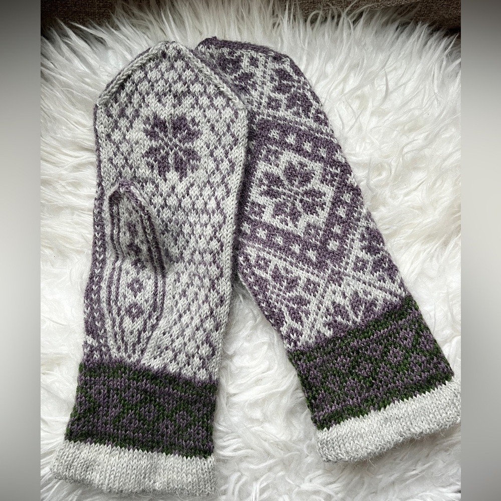 Patterned Purple and Green Mittens